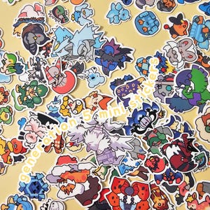 May include: A collection of colorful mini stickers featuring various cartoon characters. The stickers are in various shapes and sizes, with a yellow background. Text on the stickers reads "generation 5 mini stickers".