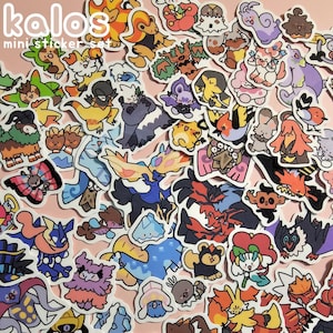 May include: A collection of colorful mini stickers featuring various cartoon creatures. The stickers have white borders and are arranged closely together. The text "kalos mini sticker set" is visible in the upper left corner.