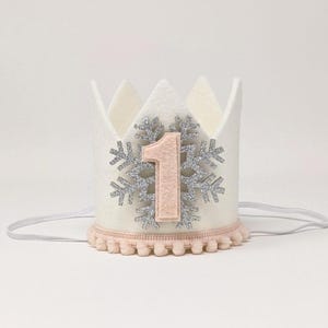 Winter Onederland First Birthday Crown: Silver Snowflake, Blush Pom Trim