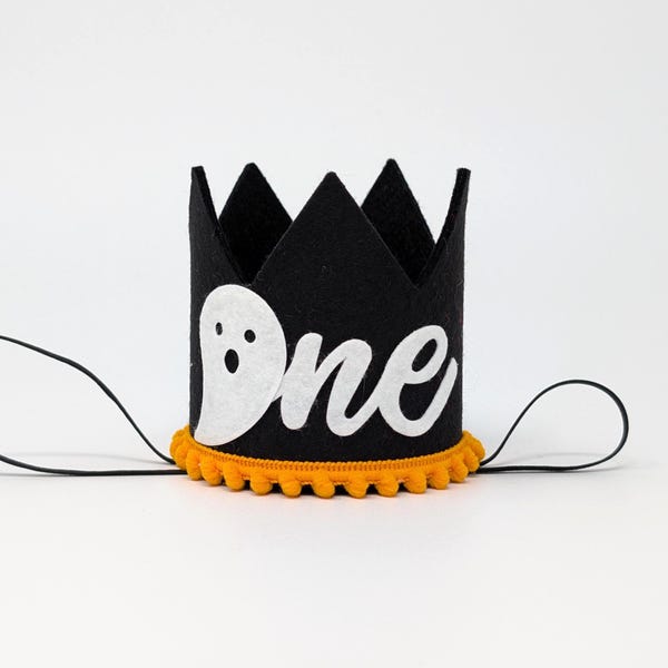 Halloween Ghost Birthday Crown: Black Glitter, Orange Pom Trim