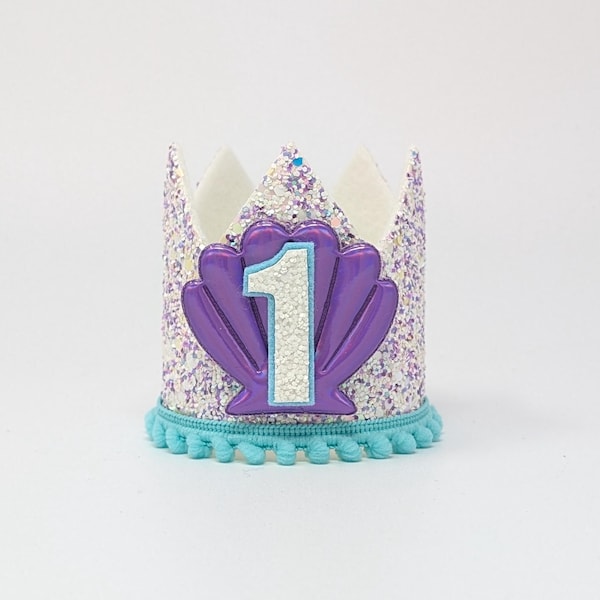 Mermaid Birthday Crown: Lavender Glitter Seashell, Aqua Pom Trim