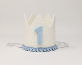 Felt First Birthday Crown: White & Baby Blue Party Hat