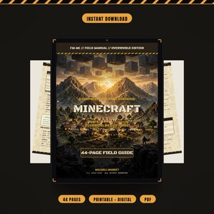 Peut inclure: Un guide de terrain numérique de 44 pages sur Minecraft Overworld affiché sur une tablette. La couverture montre un paysage en blocs avec des montagnes, un village et des cubes flottants au coucher du soleil. Texte : FM-MC, Field Manual.