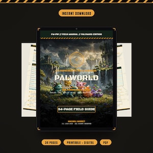 Könnte beinhalten: Ein 34-seitiger digitaler Feldführer für Palworld mit dem Titel Palpagos Field Guide, der eine Fantasielandschaft mit schwebenden Inseln, Wasserfällen und verschiedenen Kreaturen zeigt. Das Cover enthält den Text Palworld, Catch 'em, build with 'em, survive together.