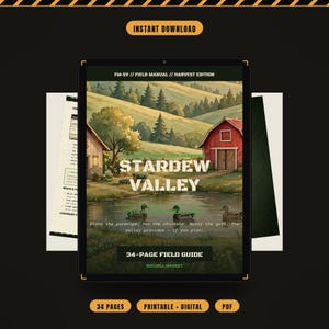 Könnte beinhalten: Ein digitales Tablet mit einem 34-seitigen Feldführer namens Stardew Valley, der eine ländliche Landschaft mit einer roten Scheune, einem Teich mit drei Enten und grünen Hügeln zeigt. Das Cover enthält den Text FM-SV, Field Manual, Harvest Edition und Macmill Market.