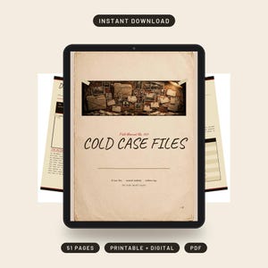 May include: A digital tablet displays a document titled Cold Case Files, Field Manual No. 007. The page features a sepia-toned image of a corkboard covered in photographs and documents, with additional text below the title and a page number at the bottom.