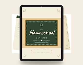 Puede incluir: Una tableta digital muestra la portada de The Homeschool Planner, con un marco rectangular verde oscuro, texto en blanco, un icono de bellota y el subtítulo Record-keeping for multi-child families sobre un fondo crema.