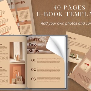 May include: A 40-page e-book template with a brown and white color scheme. The template includes a title page, a table of contents, and several pages with sample text and images. The text on the cover reads "40 Pages E-Book Template Add your own photos and contents".