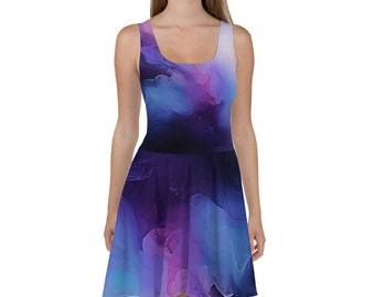 Purple Visions - Skater Dress, Watercolor, Art, Beautiful, EDM, Flowing Summer Dress