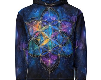 Space Flower  - Pull Over Hoodie - Unisex, Flower of Life, Sacred Geometry, Art, Beautiful Color, Sweatshirt, EDM