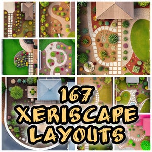 Puede incluir: Un collage de 167 vistas aéreas de diseños de paisajismo xeriscape. Las imágenes muestran diferentes diseños con diferentes tipos de plantas, rocas y caminos. El texto "167 XERISCAPE LAYOUTS" se superpone a las imágenes.