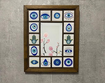 Wall Mounted Ceramic Tile Decoration & Wooden Frame Mirror, Evil Eye Ceramic Tile, Handmade Evil Eye Wall Decor, Housewarming Gift