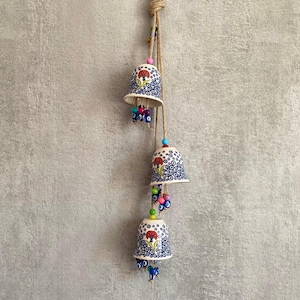Ceramic Bell Wall Hanging, Ceramic Bell Chimes, Handmade Triple Hanged Home Decor, Hand Painted Evil Eye, Housewarming Gift, Balcony Decor