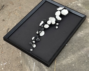 Black and white floral Wall Sculpture -  Wall Art, Nature Inspiration, framed art, abstract floral art, interior design, handmade