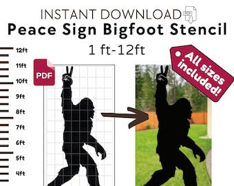 May include: A digital download of a stencil for a Bigfoot silhouette making a peace sign. The stencil is available in sizes from 1 to 12 feet. The image shows a grid with the Bigfoot silhouette and a photo of the stencil being used.