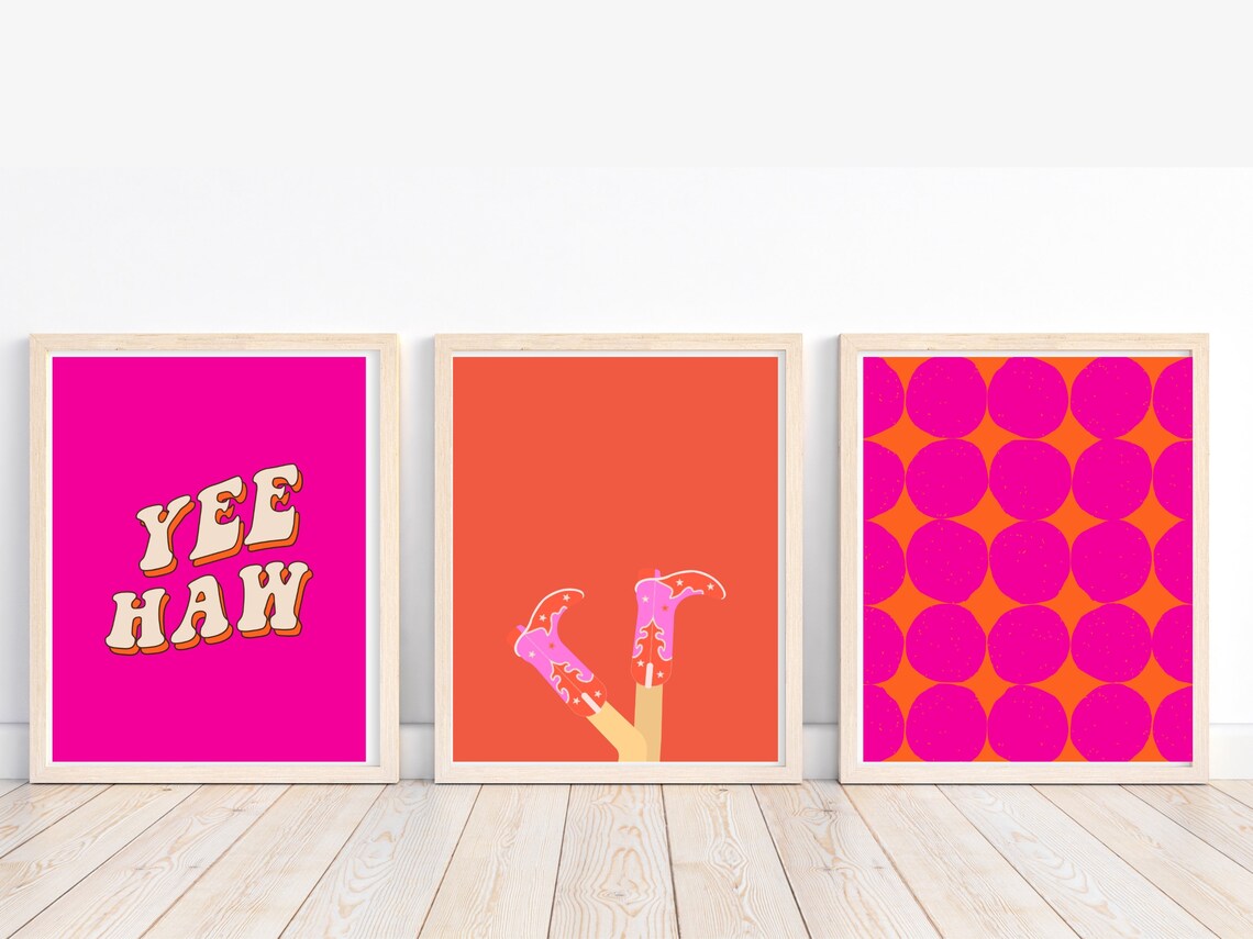 Orange Pink Prints Disco Ball Print Set Hot Pink Wall Art Preppy Wall