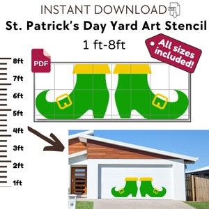May include: A digital download of a St. Patrick's Day yard art stencil featuring a pair of green elf shoes with gold buckles. The stencil is available in sizes from 1 foot to 8 feet. The image shows a sample of the stencil applied to a garage door.