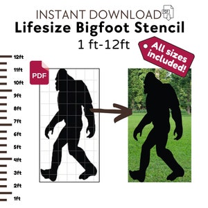 May include: A digital download of a Bigfoot stencil in PDF format. The stencil is available in sizes from 1 foot to 12 feet. The image shows a black silhouette of Bigfoot walking, with a grid overlay to help with sizing.