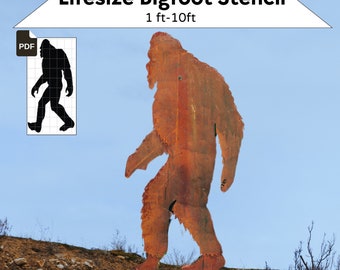 May include: A rusty metal cutout of Bigfoot walking, standing on a dirt hill. The cutout is 10 feet tall. The image also shows a black and white PDF file of the Bigfoot stencil.