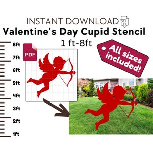 May include: A digital download of a Valentine's Day Cupid stencil in PDF format. The stencil is available in sizes from 1 to 8 feet. The image shows a red Cupid with wings and an arrow, flying through the air.