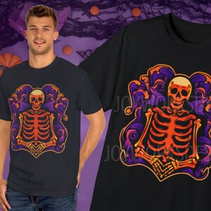Flames Skeleton Halloween Shirt Spooky Season Skull and Bones Haunted Horror Movie Fan Metal Head Tshirt Blacklight Concert Shirt Unique Art