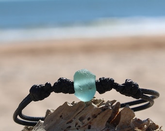 Seafoam Recycled Glass Bracelet, Adjustable Waxed Nylon Cord, Boho Surfer Jewelry