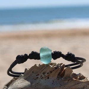 Seafoam Recycled Glass Bracelet, Adjustable Wax Nylon Cord Bracelet, Men Black Bracelet, Mens boho, Waterproof Surfer Jewelry, Sea Glass