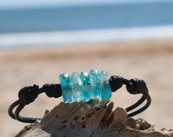 Ocean Blue Recycled Glass Bracelet, Adjustable Waxed Nylon Cord, Boho Surfer Jewelry