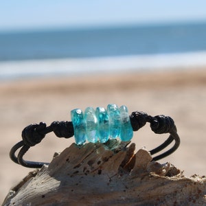 Ocean Blue Recycled Glass Bracelet, Adjustable Wax Nylon Cord Bracelet, Men Black Bracelet, Mens boho, Waterproof Surfer Jewelry, Sea Glass