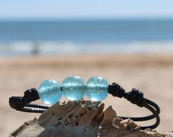Light Blue Recycled Glass Bracelet, Adjustable Waxed Nylon Cord