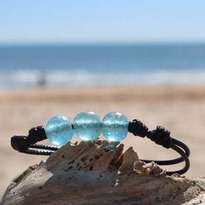 Light Blue Recycled Glass Bracelet, Adjustable Wax Nylon Cord Bracelet, Men Black Bracelet, Mens boho, Waterproof Surfer Jewelry, Sea Glass