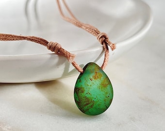 Dainty Green Teardrop Choker Necklace, Adjustable Wax Cord