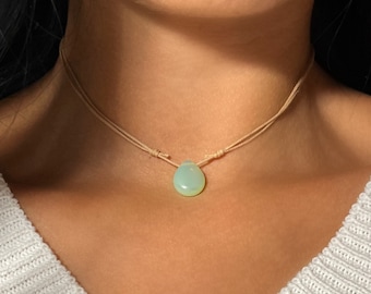 Dainty Teardrop Choker Necklace, Boho Choker, Minimalist Necklace, Mint Choker, Adjustable Cord Choker, Necklaces for Women