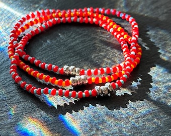 Mens Sterling Silver Bead Bracelet, Red Seed Bead Jewelry