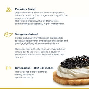 Puede incluir: Primer plano de una peque&ntilde;a galleta redonda blanca cubierta con una cucharada de crema blanca y caviar negro. El caviar tiene un di&aacute;metro de 0,12-0,13 pulgadas. El texto "Dimensions - 0,12-0,13 inches" est&aacute; debajo de la imagen.