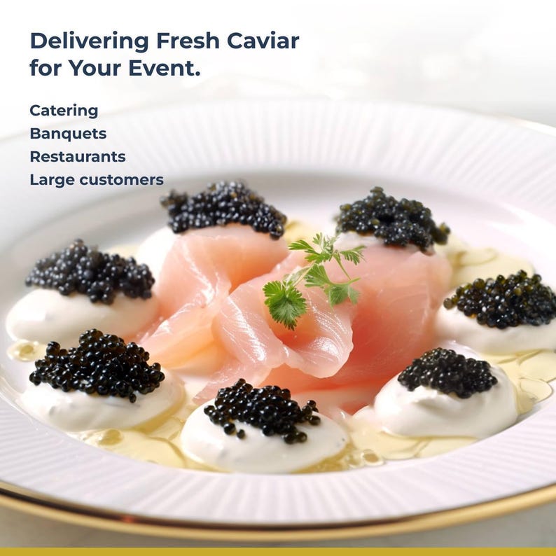Puede incluir: Un plato blanco con borde dorado, que presenta una porci&oacute;n de caviar, salm&oacute;n y crema. El plato est&aacute; decorado con una ramita de perejil. El texto "Delivering Fresh Caviar for Your Event." se muestra encima del plato. El texto "Catering, Banquets, Restaurants, Large customers" se muestra debajo del plato.