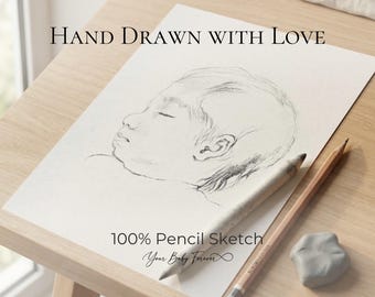 Mini Hand Drawn Baby Portrait from Photo, Graphite Pencil Sketch, Physical Fine Art Drawing, Custom Handmade Keepsake, 5x7 Inch
