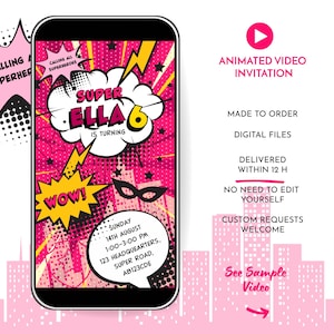 Convite de aniversário de super-herói animado | Convite de menina super-heroína | Convite rosa de super-herói | Convite eletrônico | Festa de super-meninas | Festa de super-heróis