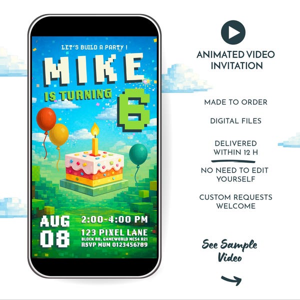 Pixel Game Animated Video Party Invite: Block Build Theme (Made to Order Digital Download)