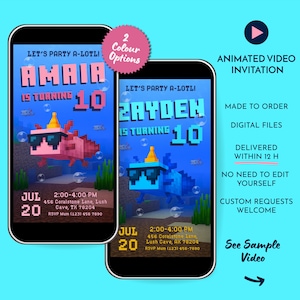May include: Two smartphone screens showing animated birthday invitations. One features a pink axolotl wearing sunglasses, the other a blue axolotl. Text includes names, age, date, time, and location. Additional text promotes animated video invitations.