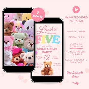 Puede incluir: Dos smartphones muestran una invitación a una fiesta Build-A-Bear. Uno muestra varios osos de peluche, el otro presenta el texto: "Laura cumple CINCO" con detalles de la fiesta. Invitación de video animada, archivos digitales, solicitudes personalizadas bienvenidas.