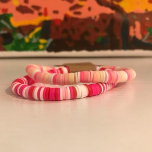 Preppy Pink And Red Clay Beaded Bracelet Bundle  - Heishi Beaded Bracelet - Colorful Clay And Heishi Bead Bracelet- Jewlery - Handmade