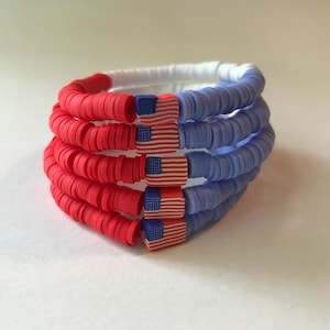 Patriotic USA Flag Beaded Bracelets – Red, White & Blue Stackable Heishi Disc Bracelets – 4th of July Jewelry, American Flag Accessories, In