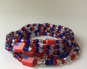 Red White And Blue Patriotic Stretch Bracelet - Glass Seed Bead Stretch Stacking Bracelets - 4th of July Bracelets