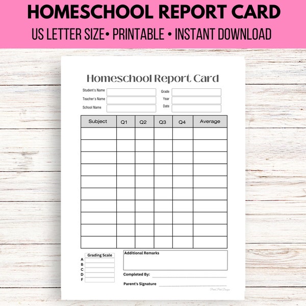 Homeschool Report Card Template, Homeschool progress tracker, Homeschool academic record keeping printable, US Letter size PDF