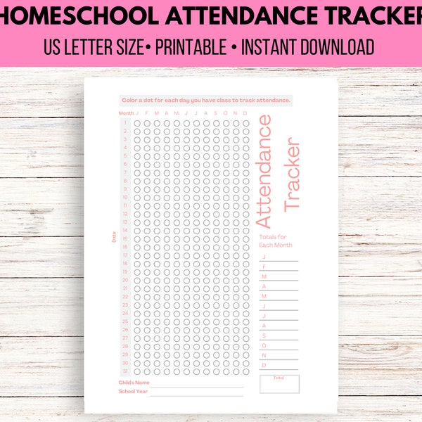 Homeschool Attendance Tracker, Class Attendance Log, Homeschool Printable, Homeschool Tools, Yearly Tracker, Fun Tracker for School