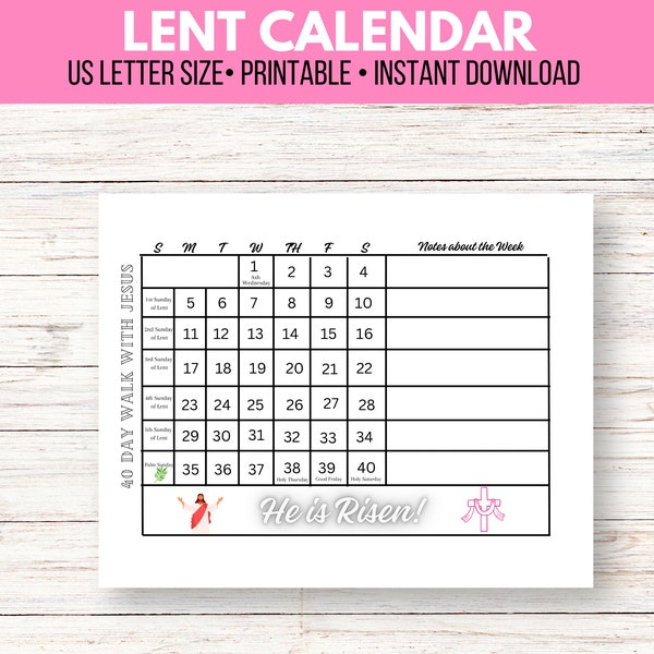 Lent Calendar 2024, Lent Tracker, 40 day catholic lent interactive calendar, lent activity, lent family tracker, digital download, printable