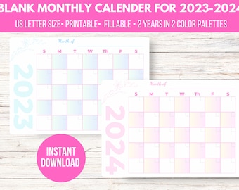 Blank Calendar Download for 2023, 2024, Ready to Print, US Letter Size Perfect for Work from Home and Homeschool planners