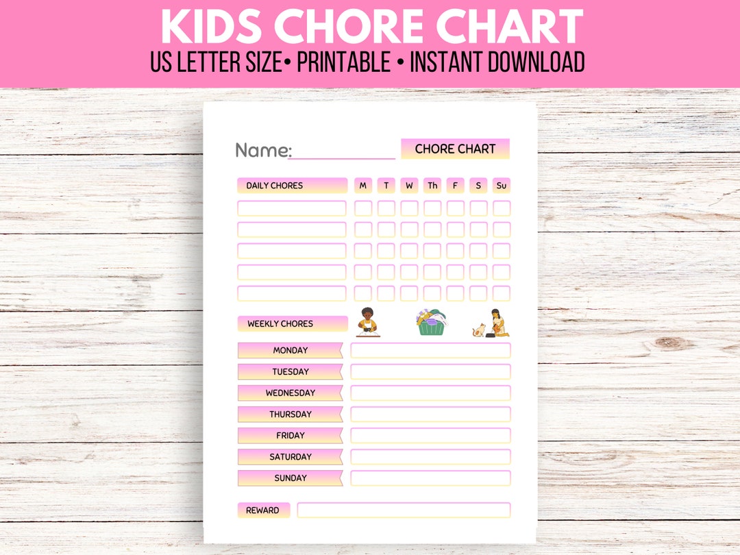 Chore Chart for Kids and Teens Printable, Daily Weekly Responsibilities ...