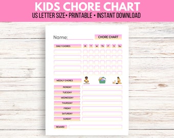 Chore Chart for kids and teens printable, daily weekly responsibilities chart, kids chore list, routine for kids, checklist for kids, reward